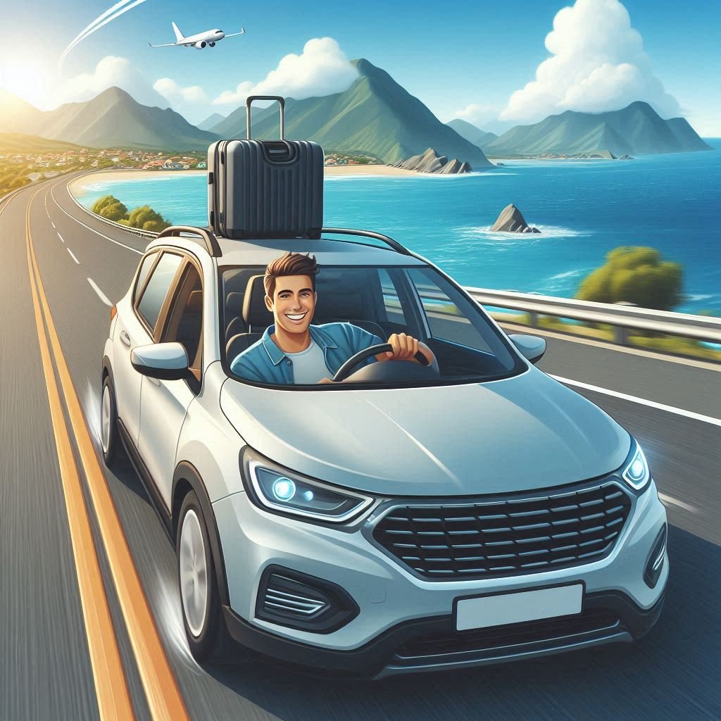 Traveler driving a rental car along a scenic route, enjoying freedom and flexibility on the road.