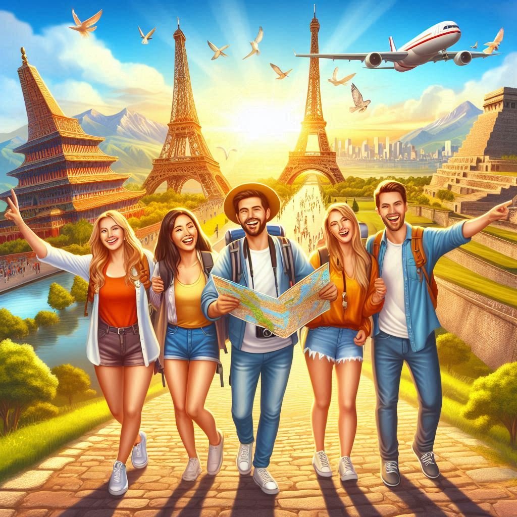 Group of travelers on a guided international tour visiting famous landmarks with a tour guide.