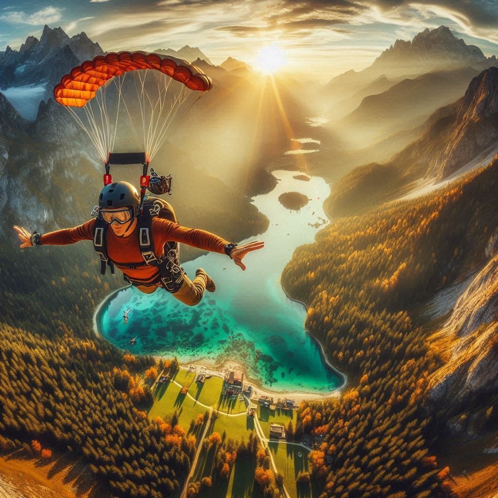 Traveler skydiving above scenic mountains, representing adventure travel experiences like hiking, scuba diving, and safaris