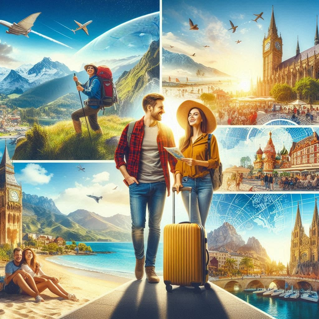 Happy travelers on a mountain, beach, and city adventure