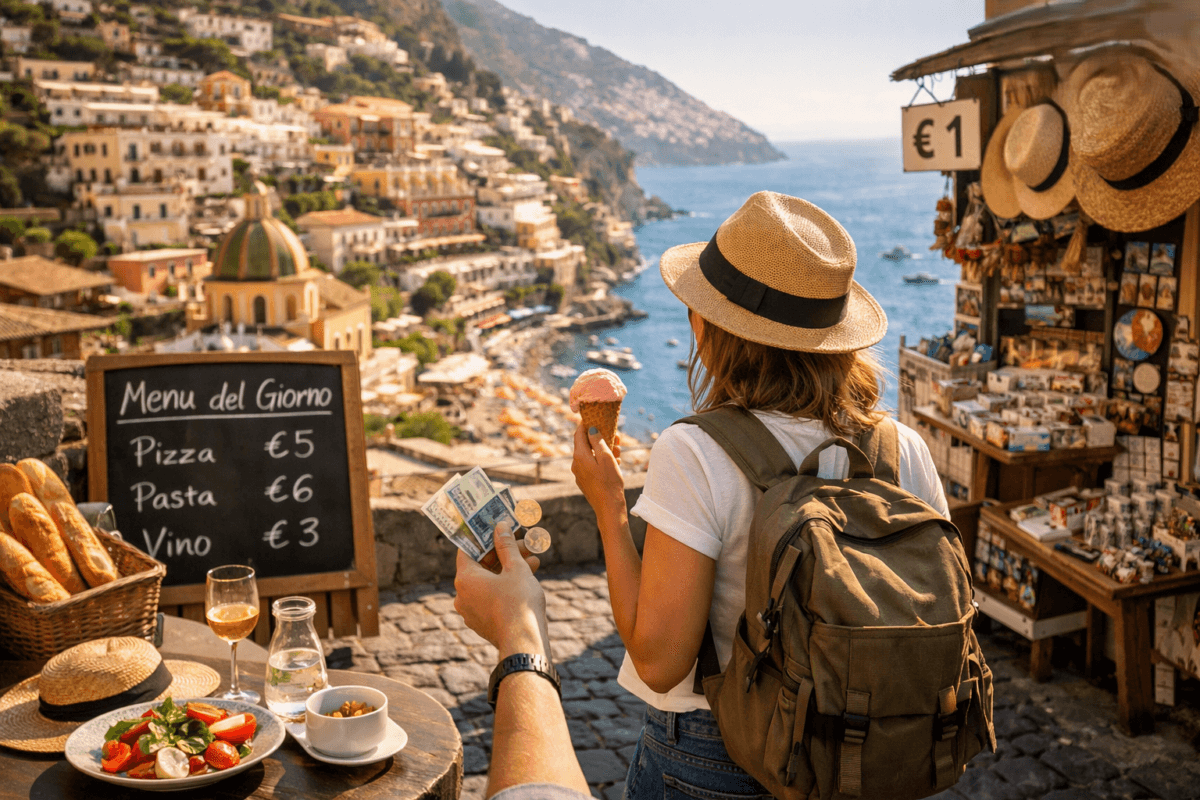 Traveler enjoying a sunny afternoon in Positano, Italy, Europe on a budget.