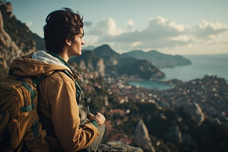 A solo traveler walking through a quiet train station at sunrise. how to travel on a budget