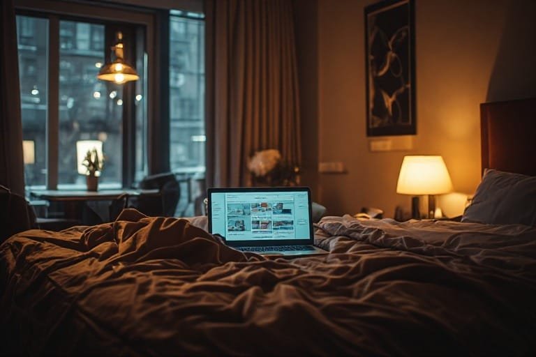 A traveler lounges in a boutique hotel room with warm lighting and modern décor, laptop open to affordable stay options.