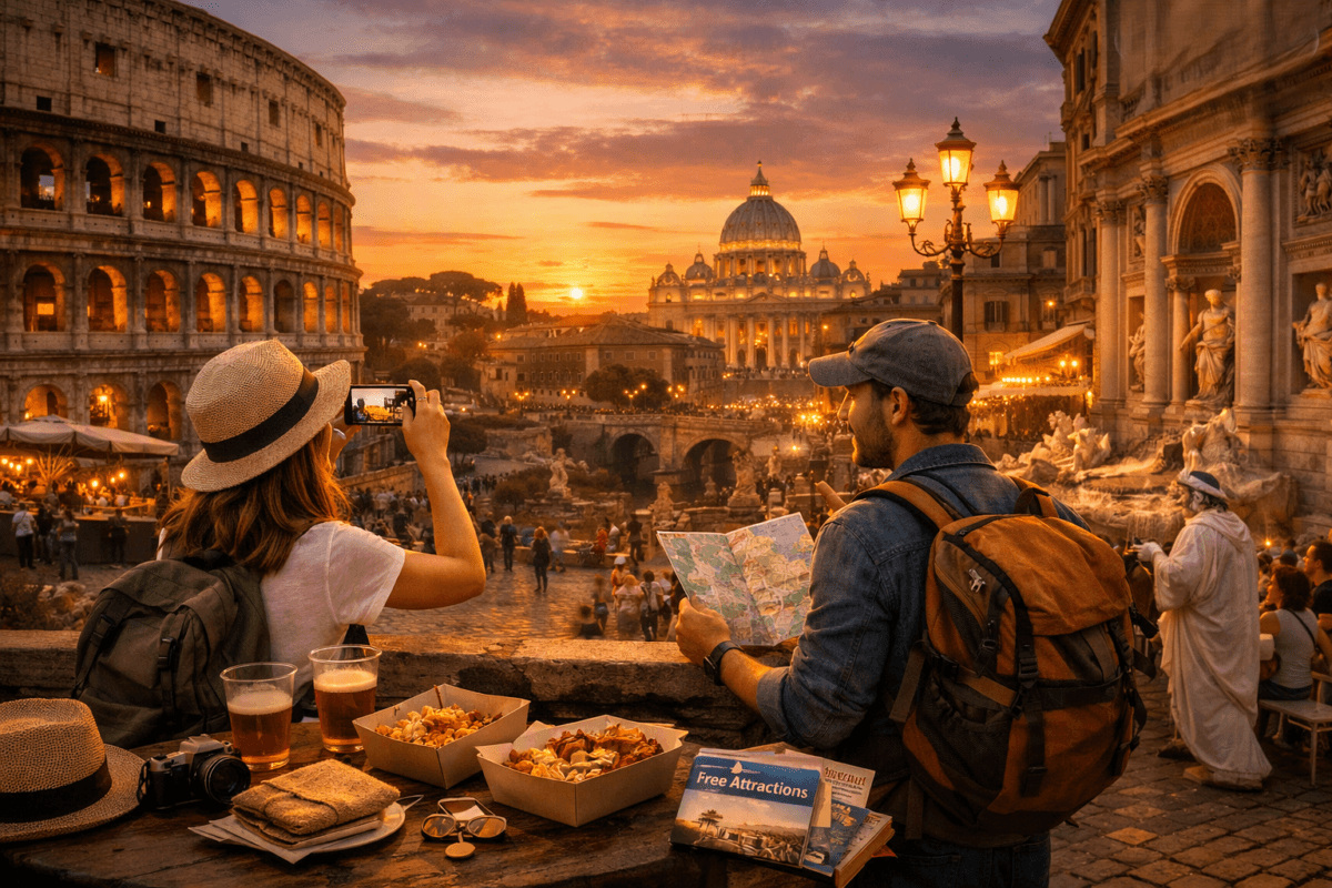 Couple exploring Rome’s landmarks at sunset