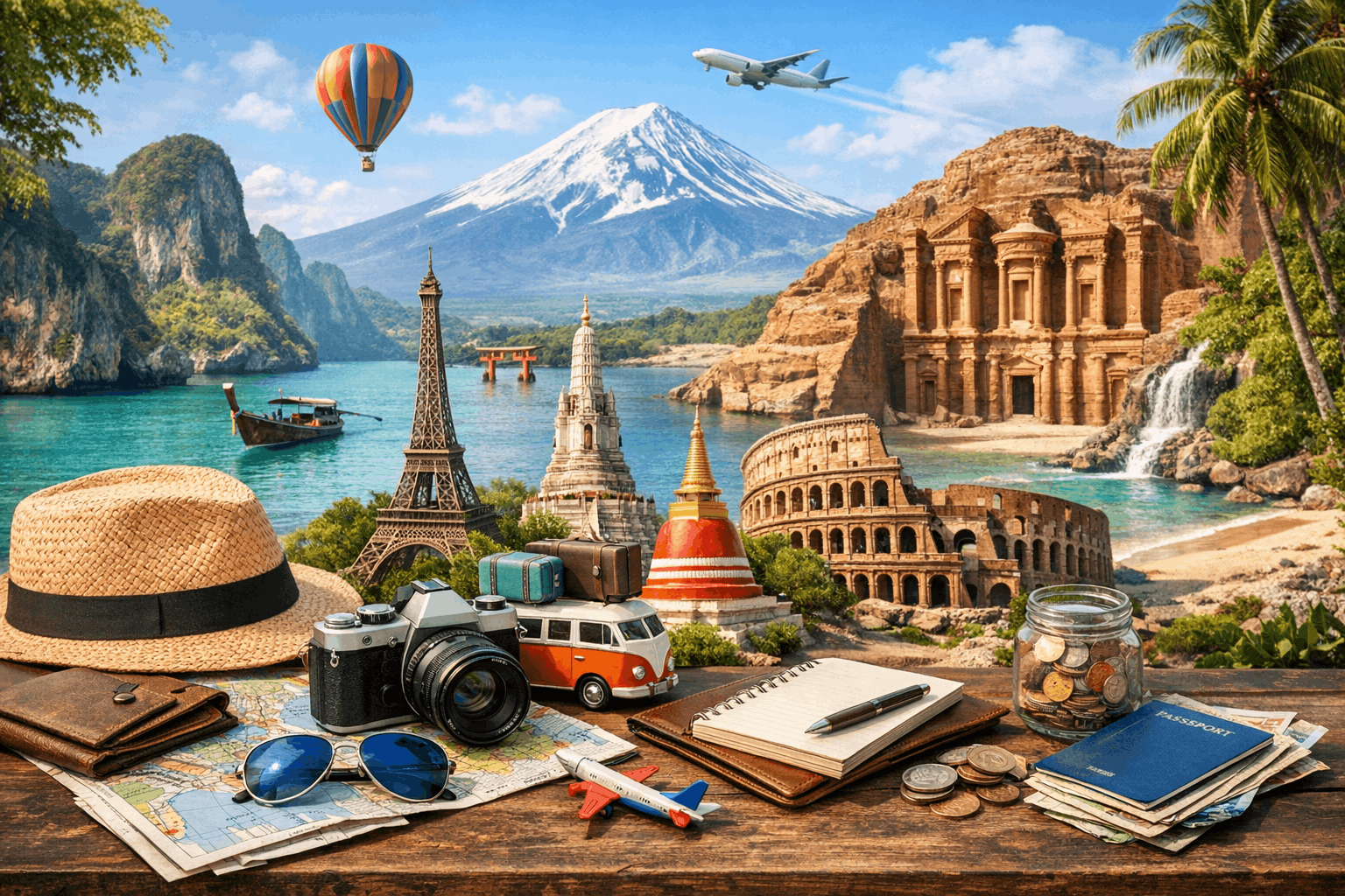 Destination guide collage with travel gear and global landmarks.