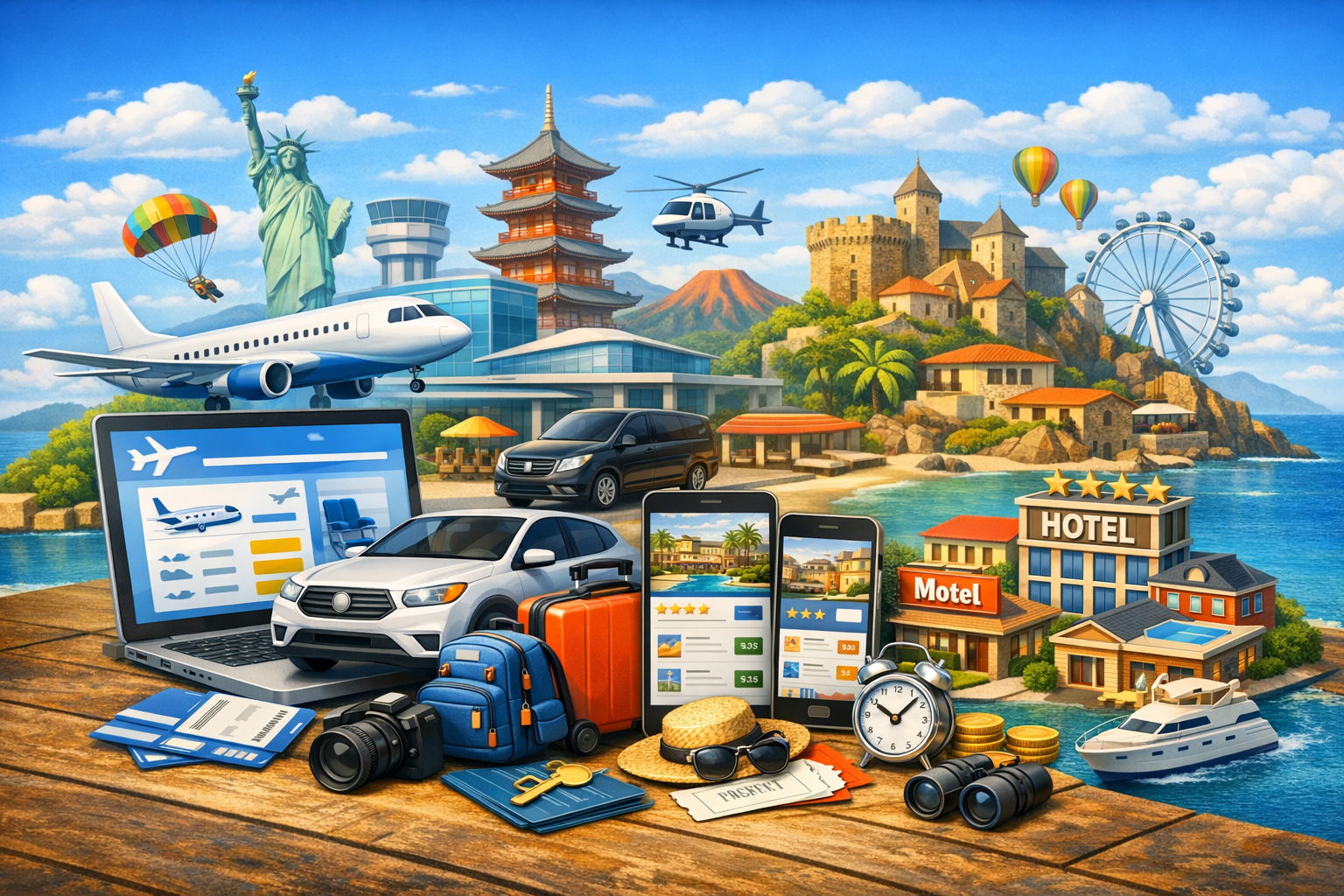 3D travel booking illustration with laptop, hotel models, airplane, and global landmarks