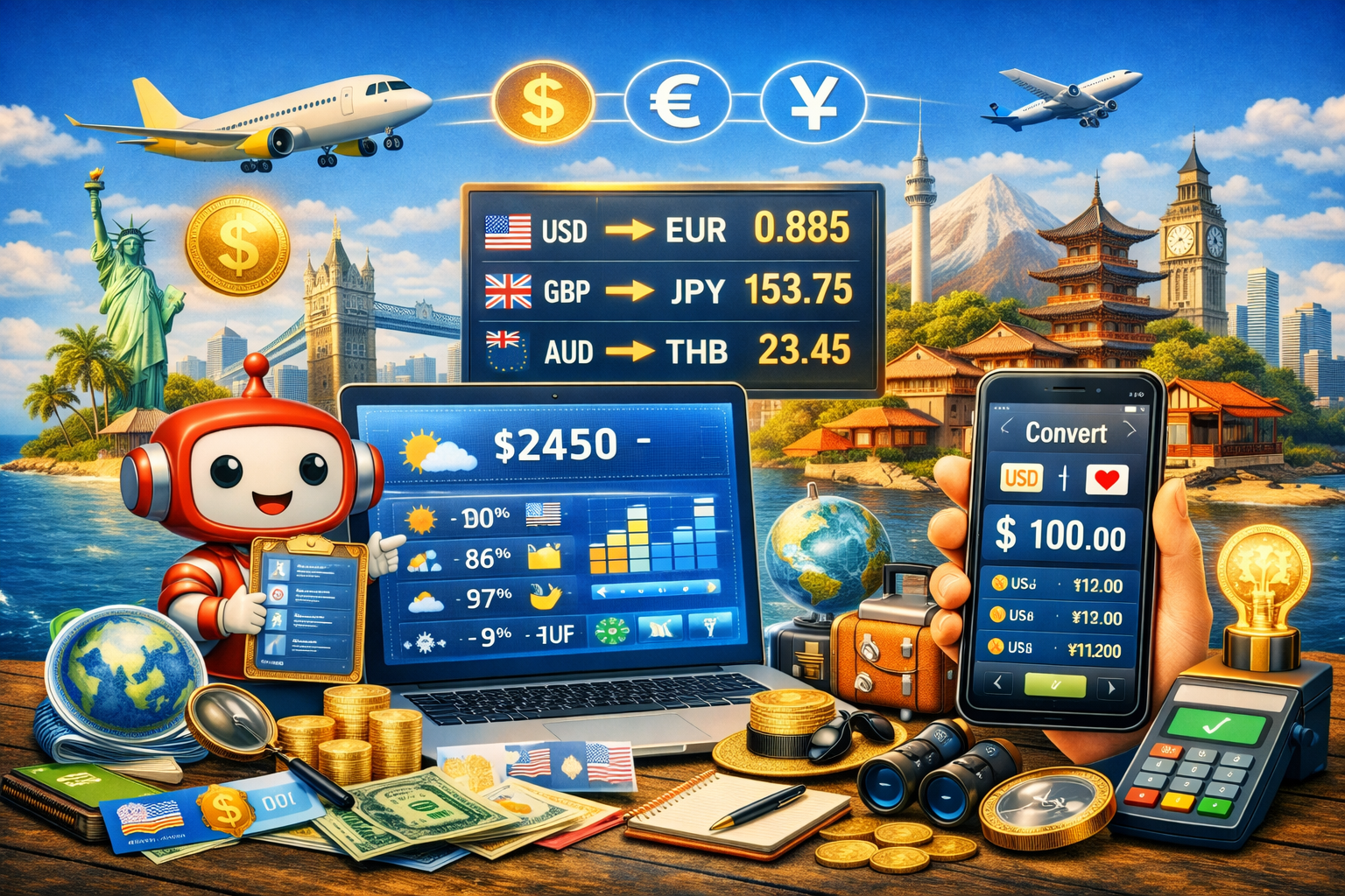 3D currency converter illustration with laptop, smartphone, and global currencies