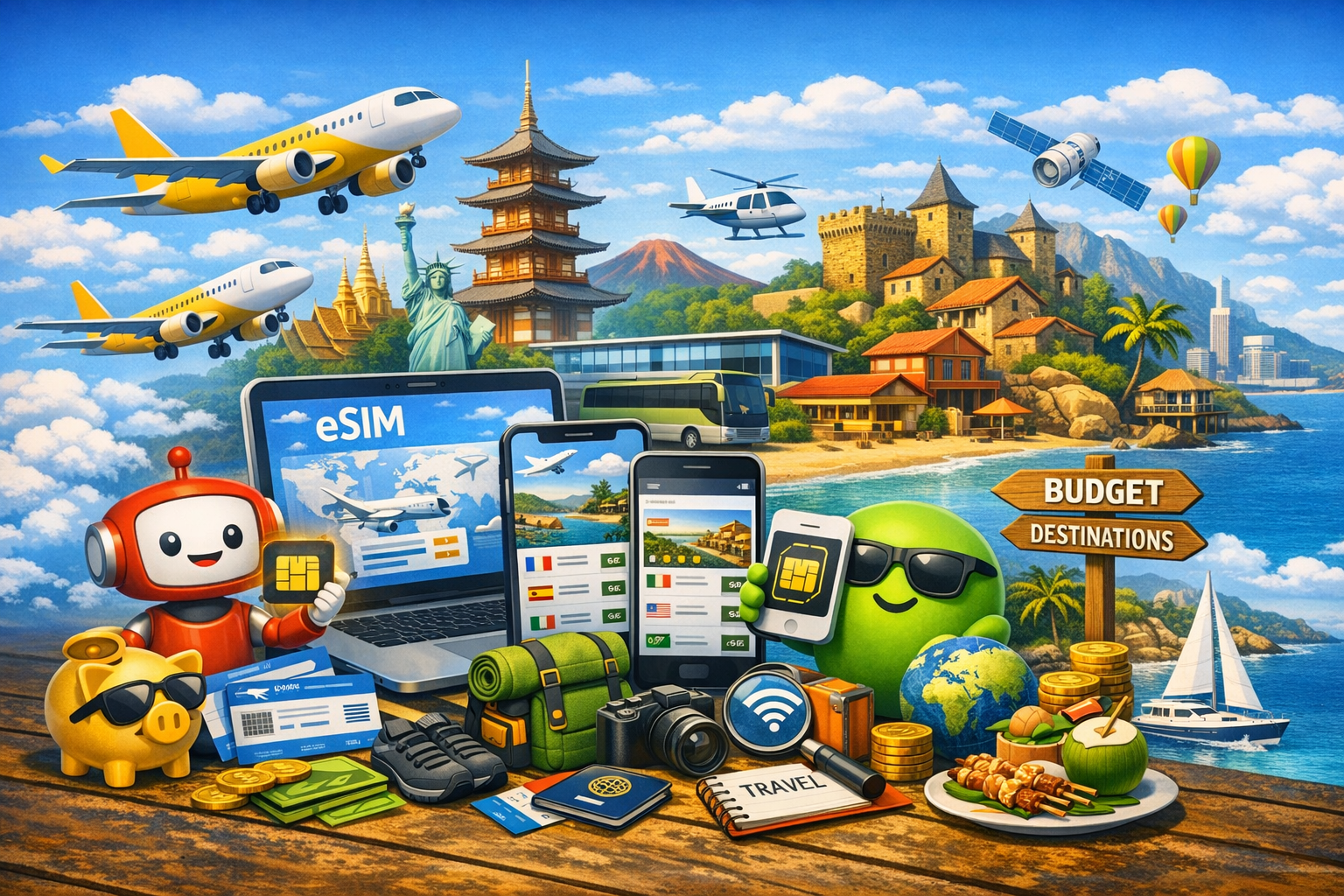 3D travel eSIM illustration with smartphones, global landmarks, and mobile data icons