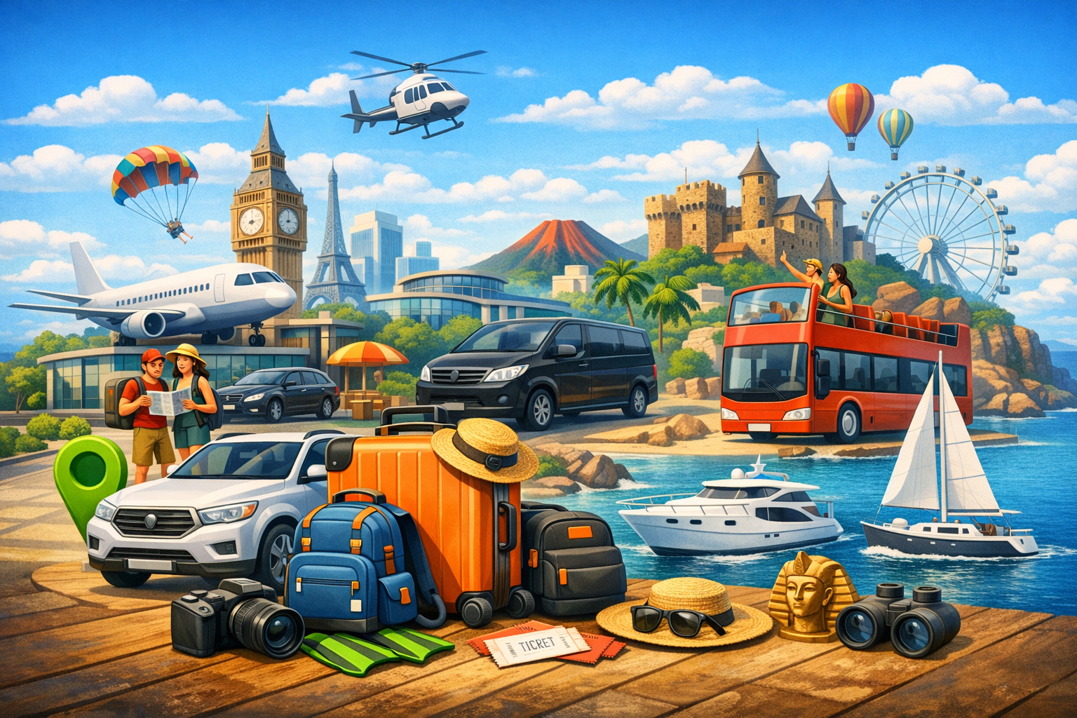 3D travel illustration with rental car, airport transfers, tour bus, yacht, and global landmarks