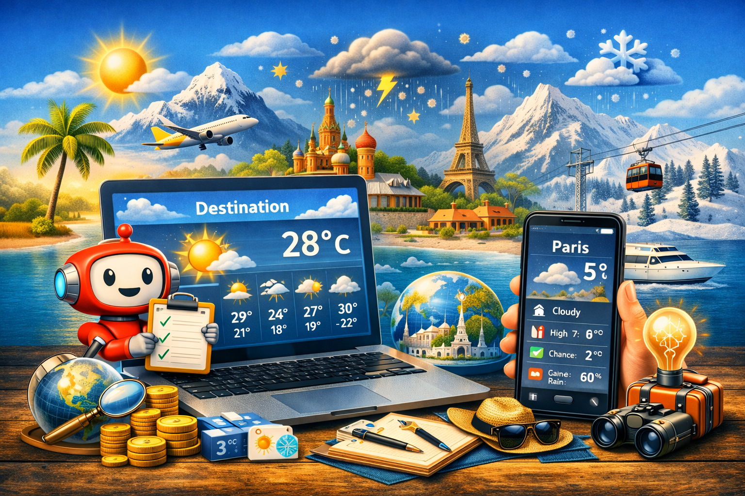 3D travel weather forecast illustration with laptop, smartphone, and global destinations