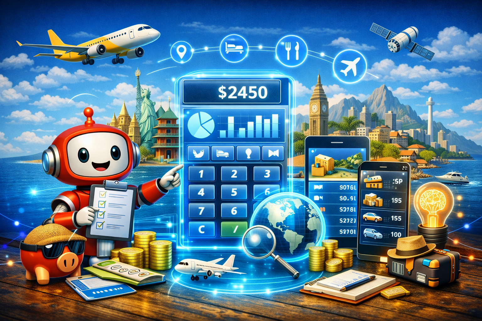 Futuristic 3D travel budget planner with holographic calculator and AI robot