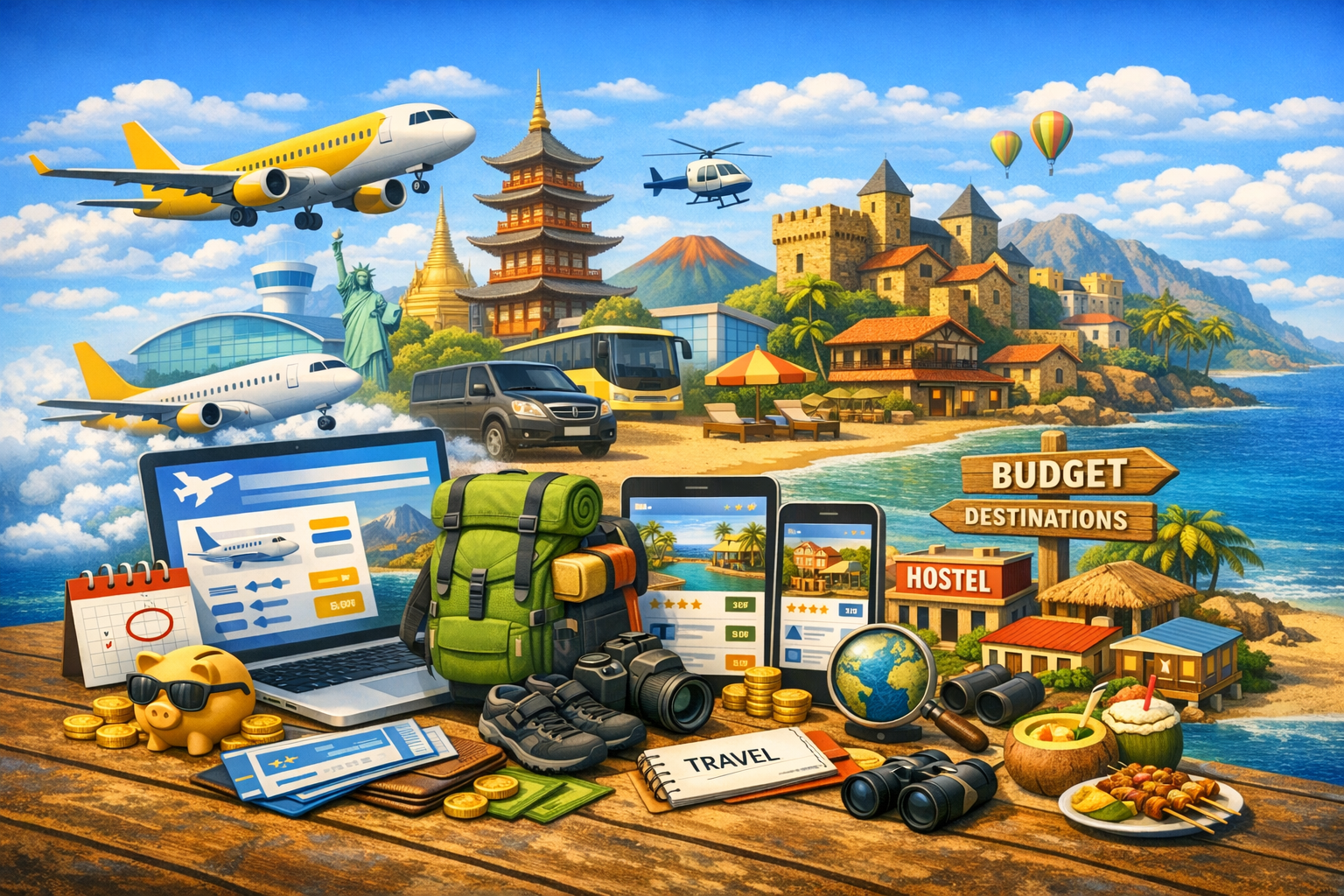 3D budget travel illustration with backpack, budget airline, hostel, and global destinations