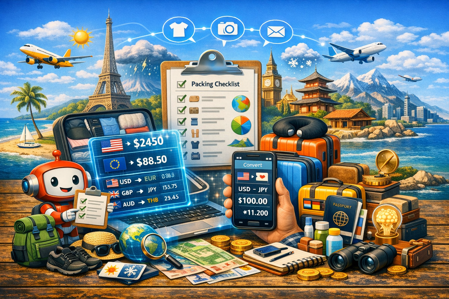 3D travel packing illustration with checklist, luggage, and travel gear