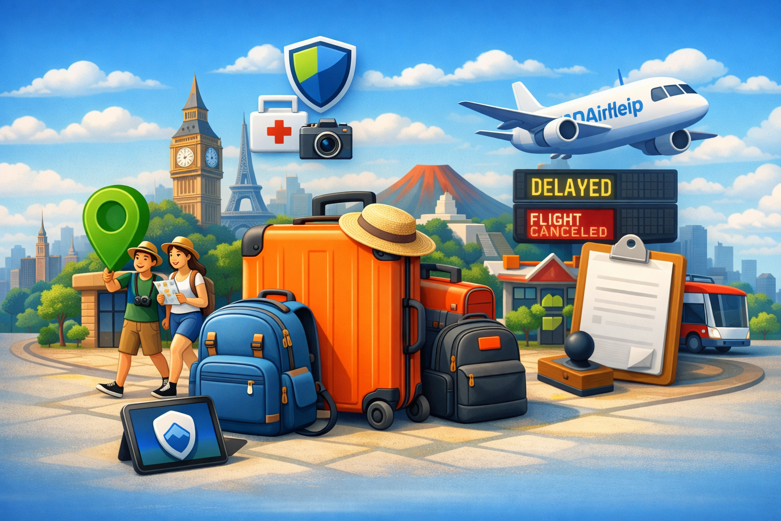 3D travel services illustration with luggage, airplane, and global landmarks
