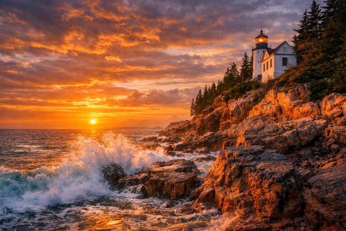 Rocky cliffs and crashing waves at sunset with a lighthouse perched on the shore in Acadia National Park, Maine.