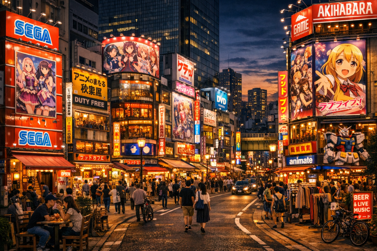 Night view of Akihabara’s neon-lit streets with anime billboards and electronics shops