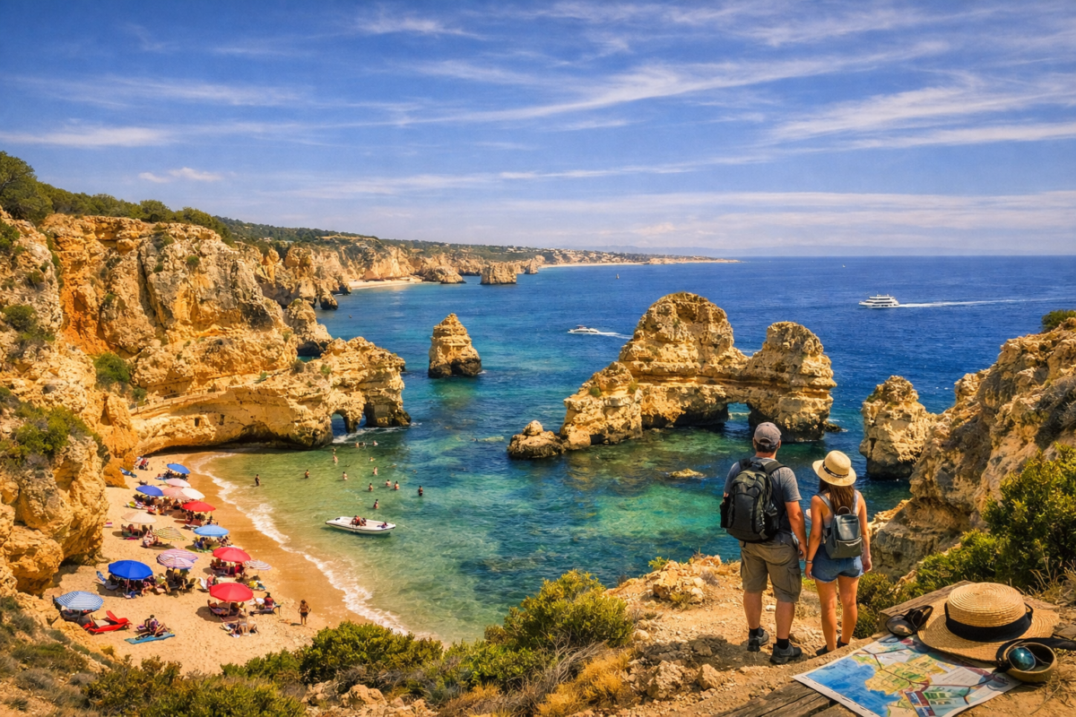 Golden cliffs and turquoise beaches of the Algarve, Portugal, with travelers overlooking sea stacks and a small boat cruising along the coast. affordable Europe travel.