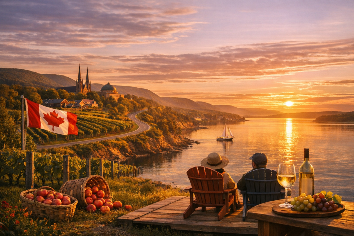 Sunset over a vineyard in Nova Scotia’s Annapolis Valley with baskets of ripe apples, a glass of white wine on a rustic table, and a winding tidal river glowing in golden light — capturing the warmth and abundance of the region’s harvest season.