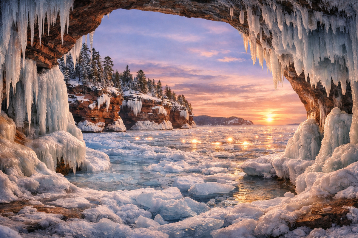 Majestic ice caves and red sandstone cliffs of Apostle Islands on frozen Lake Superior at sunset, glowing with pink and golden light.