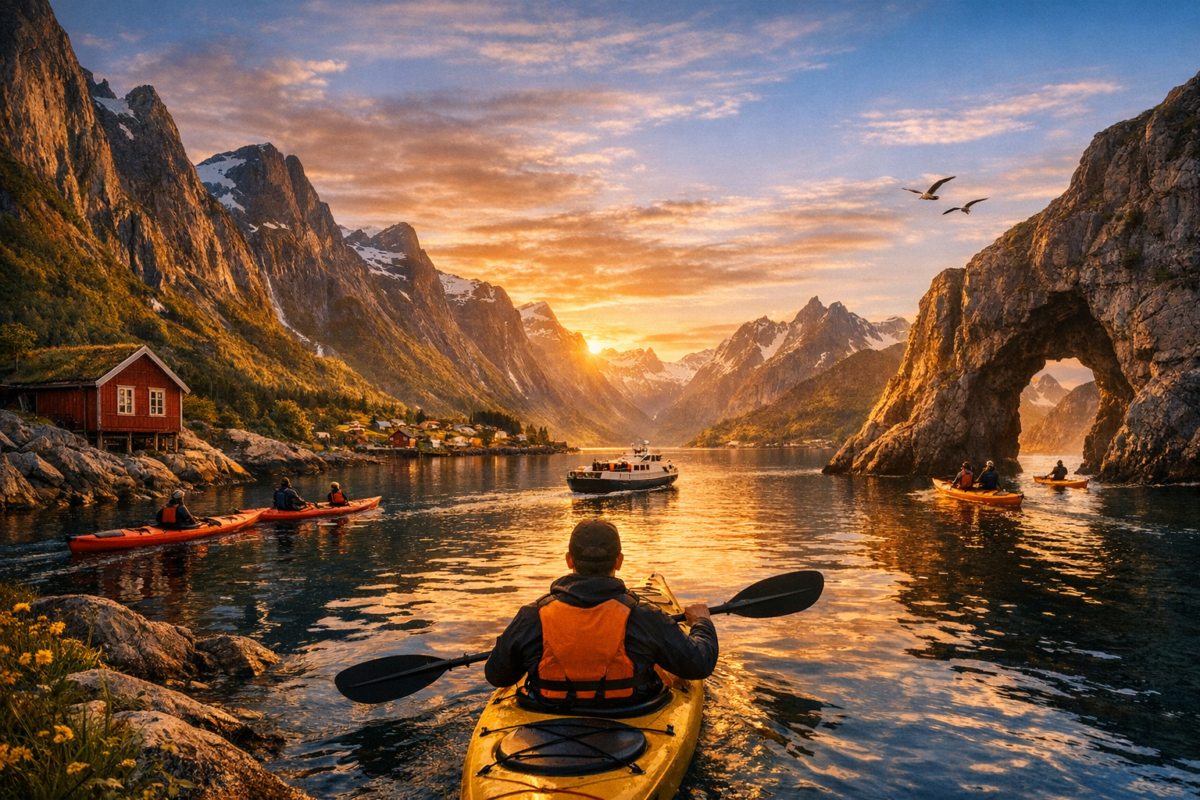 Travelers watching vivid Northern Lights dance over snowy mountains and a frozen fjord under a starry sky.
