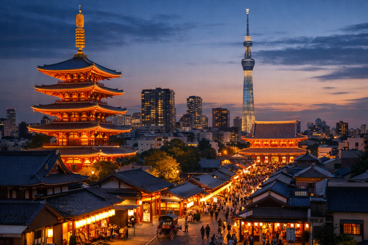 Evening view of Asakusa with Senso-ji Temple pagoda, Kaminarimon gate, and Tokyo Skytree in the background