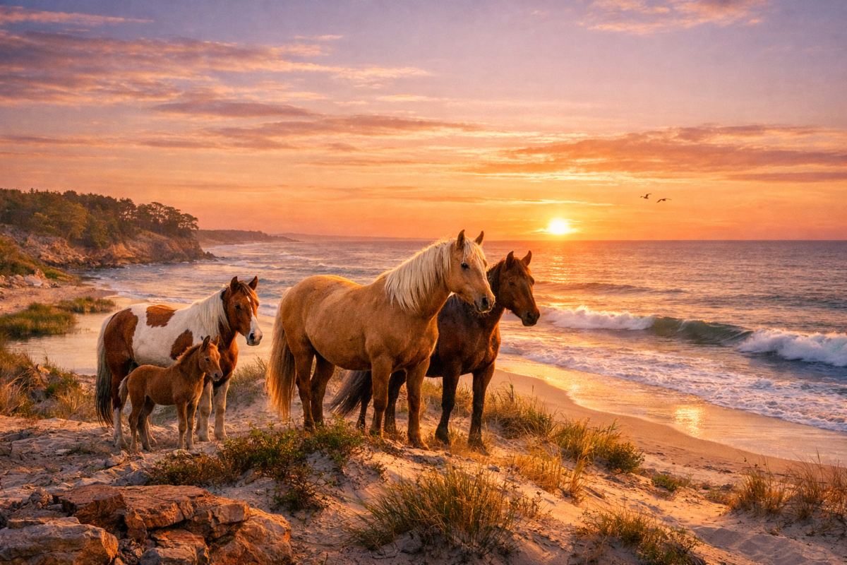 Wild horses standing on sandy dunes at sunrise on Assateague Island, with ocean waves and beach grass glowing in golden light. undiscovered USA travel spots.