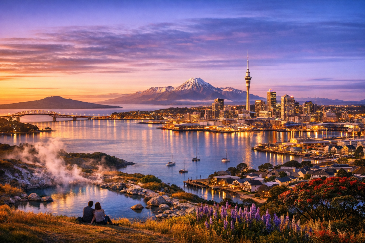 Auckland skyline with Sky Tower, Waitematā Harbour, and Rangitoto Island at sunset, framed by coastal greenery and sailboats.