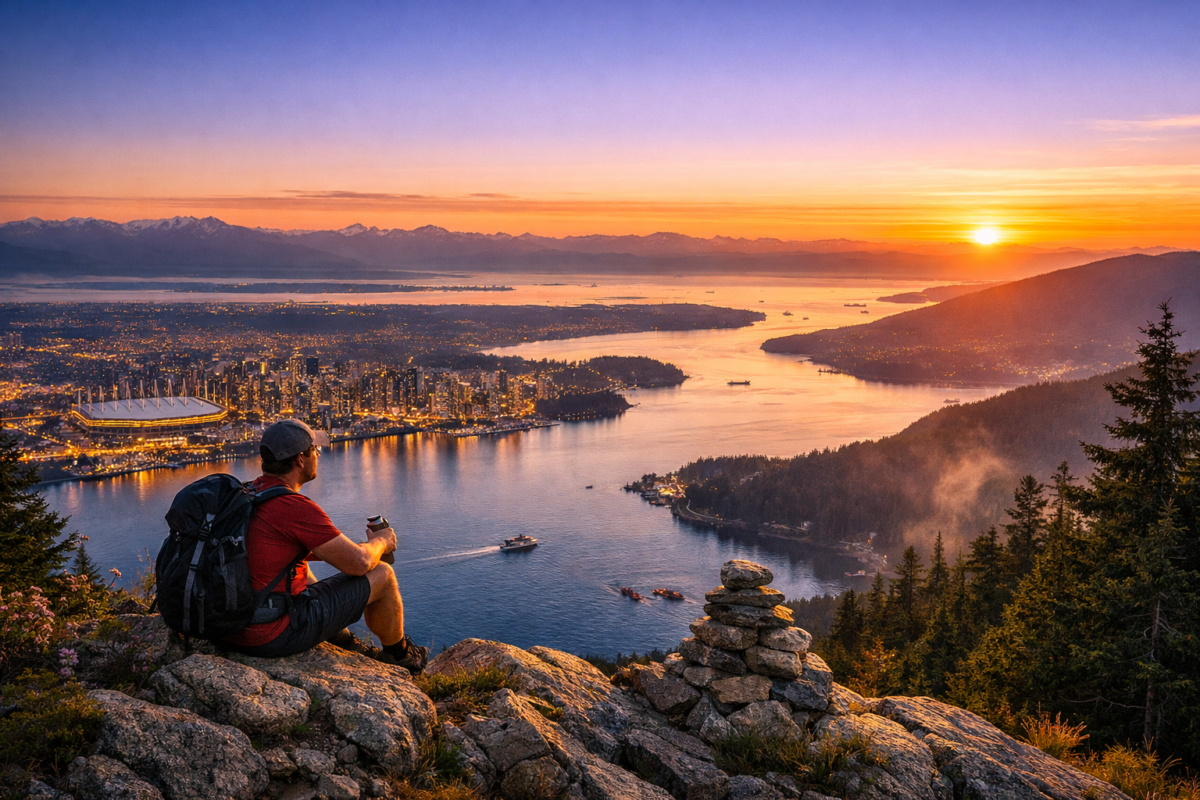  Hiker resting on rocky summit overlooking Vancouver at sunset, framed by evergreen trees, Lion’s Gate Bridge, and distant islands glowing under golden light. Vancouver travel guide.
