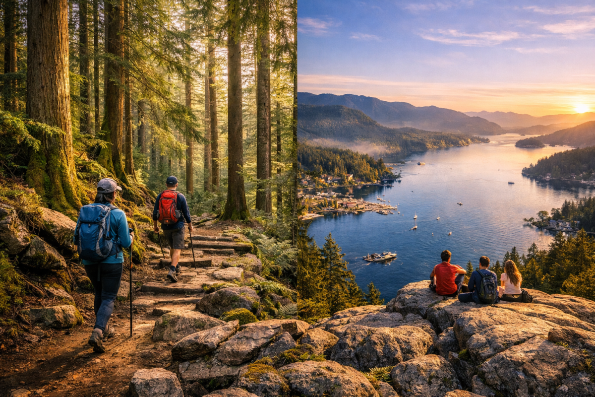  Hikers walking through moss‑covered cedar forest toward Quarry Rock, overlooking Deep Cove’s calm blue waters and misty mountains under soft morning light.