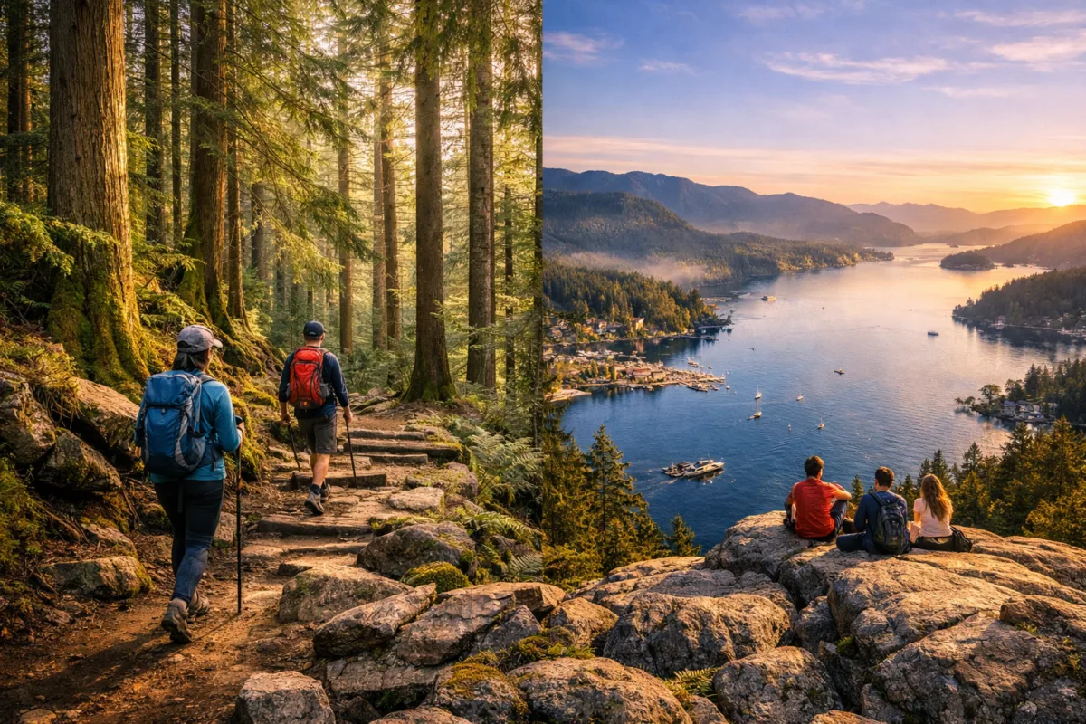  Hikers walking through moss‑covered cedar forest toward Quarry Rock, overlooking Deep Cove’s calm blue waters and misty mountains under soft morning light.