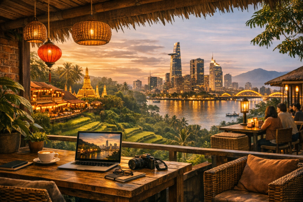 Open-air workspace with laptop overlooking Bali’s lush rice terraces and jungle.