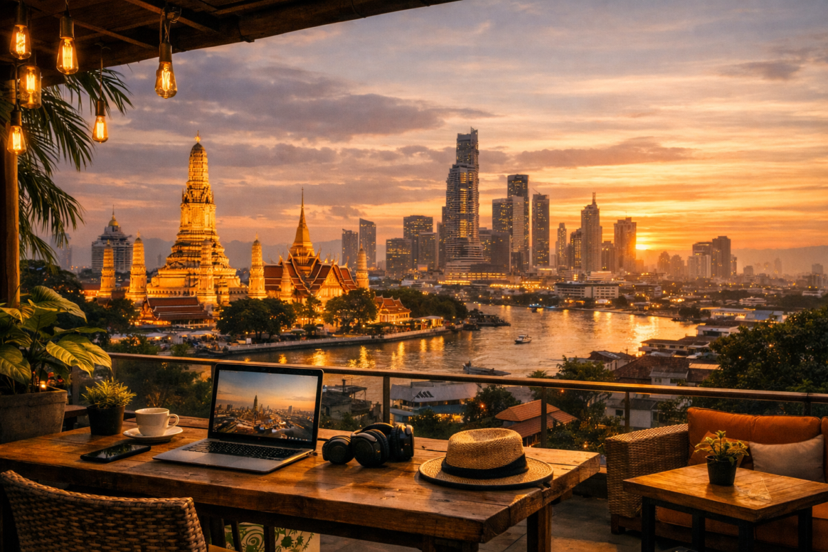 Rooftop workspace overlooking Bangkok’s temples, river, and modern skyscrapers at sunset.