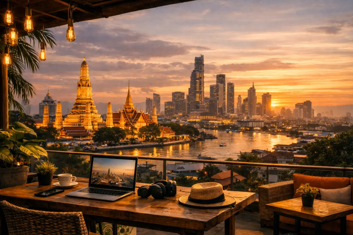 Rooftop workspace overlooking Bangkok’s temples, river, and modern skyscrapers at sunset.
