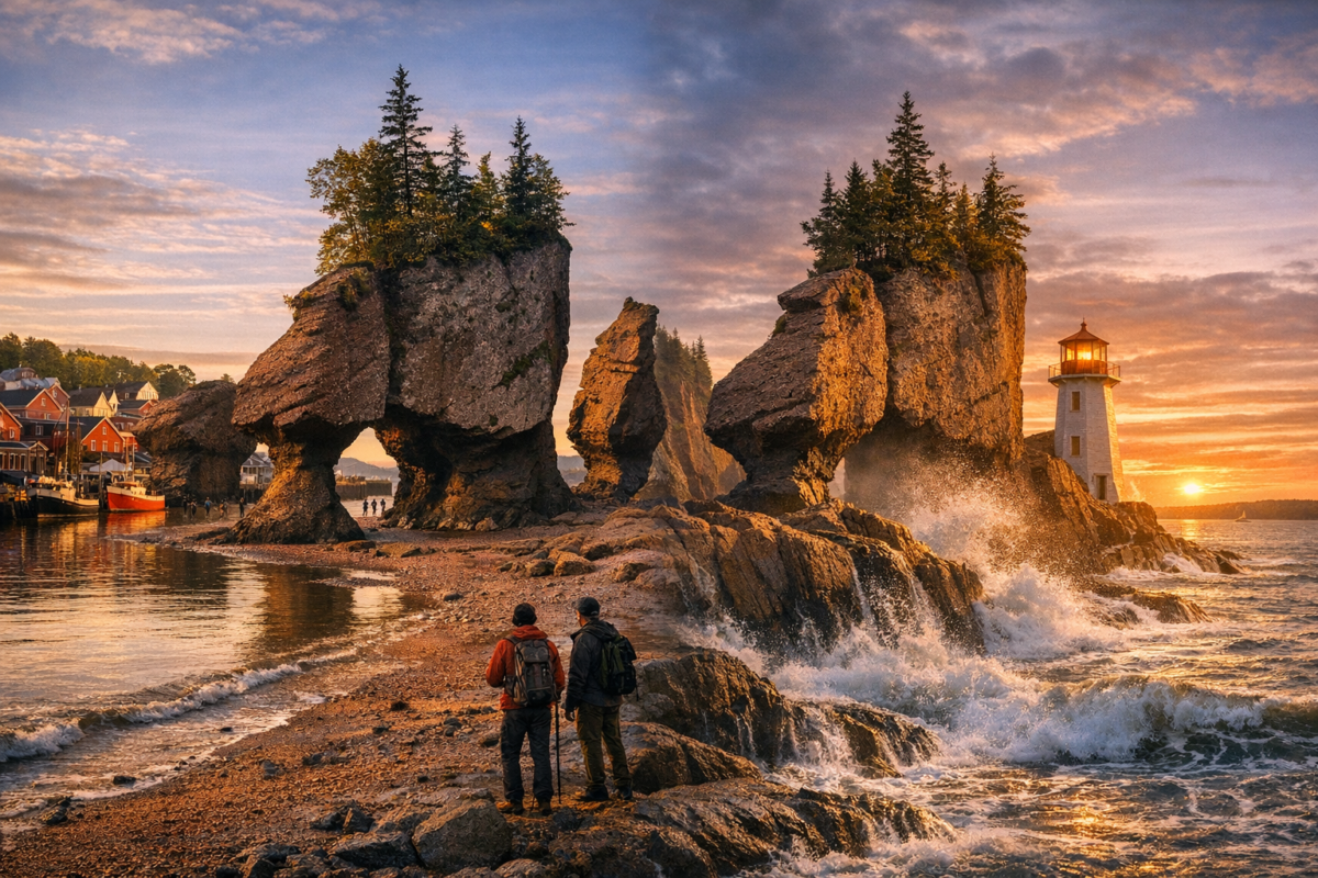 Explorers stand between towering Hopewell Rocks as the Bay of Fundy’s tides shift from low to high, revealing dramatic sea stacks, golden light, and crashing waves along New Brunswick’s rugged coast. Maritime Provinces Canada road trip.