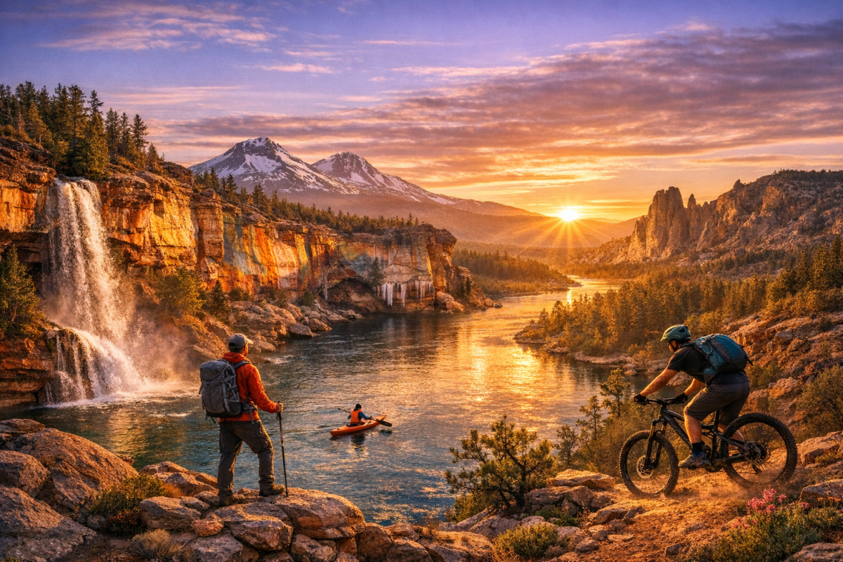 Scenic Bend, Oregon landscape with mountains, river, hiker, kayaker, and mountain biker glowing in sunrise light.