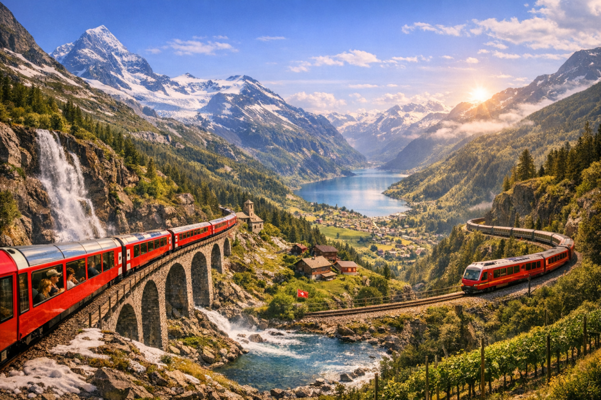  Red panoramic train crossing a stone viaduct above a turquoise glacial lake and snowy peaks, descending toward sunlit Italian valleys with vineyards and terracotta villages below.