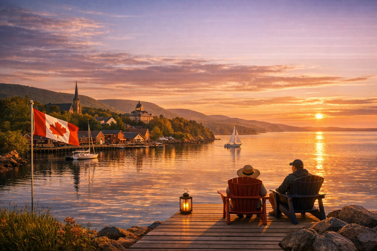 Two people seated in Adirondack chairs at the end of a wooden dock overlooking the tranquil Bras d’Or Lakes at sunset, with a sailboat gliding across golden waters and a white church nestled among trees on the distant shore — capturing the peaceful heart of Cape Breton’s Inland Sea.