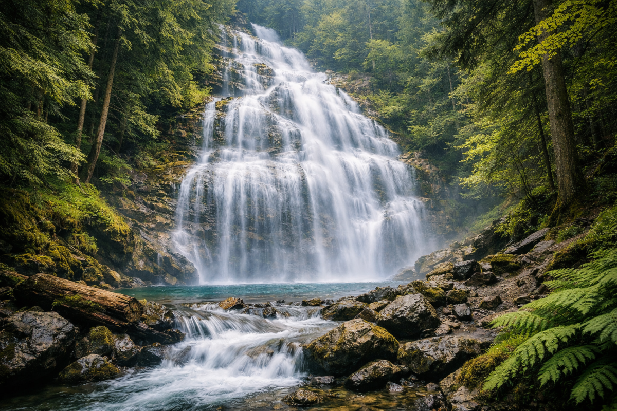 Multi-tiered waterfall cascading down moss-covered cliffs in Fraser Valley, surrounded by lush forest and misty sunlight filtering through evergreen trees. Bridal Veil Falls.