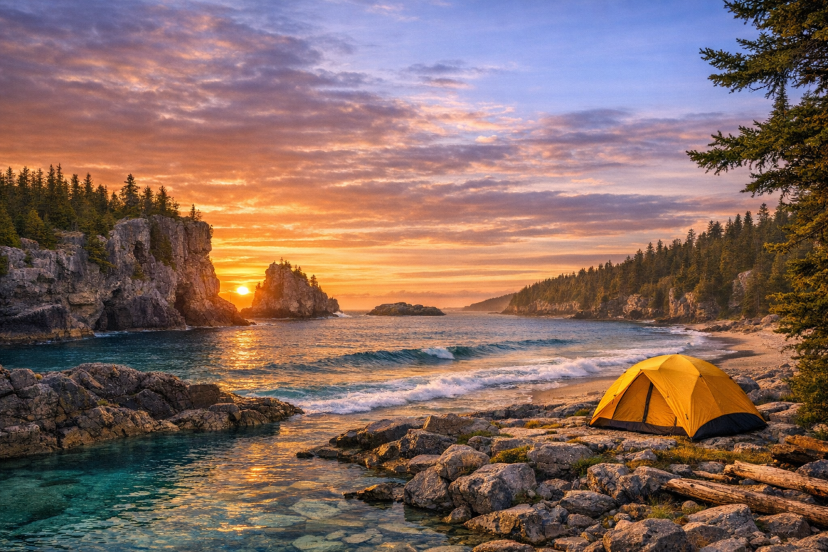 Sunset over Bruce Peninsula National Park, Ontario, with turquoise waters, limestone cliffs, evergreen trees, and a yellow tent overlooking Lake Huron.
