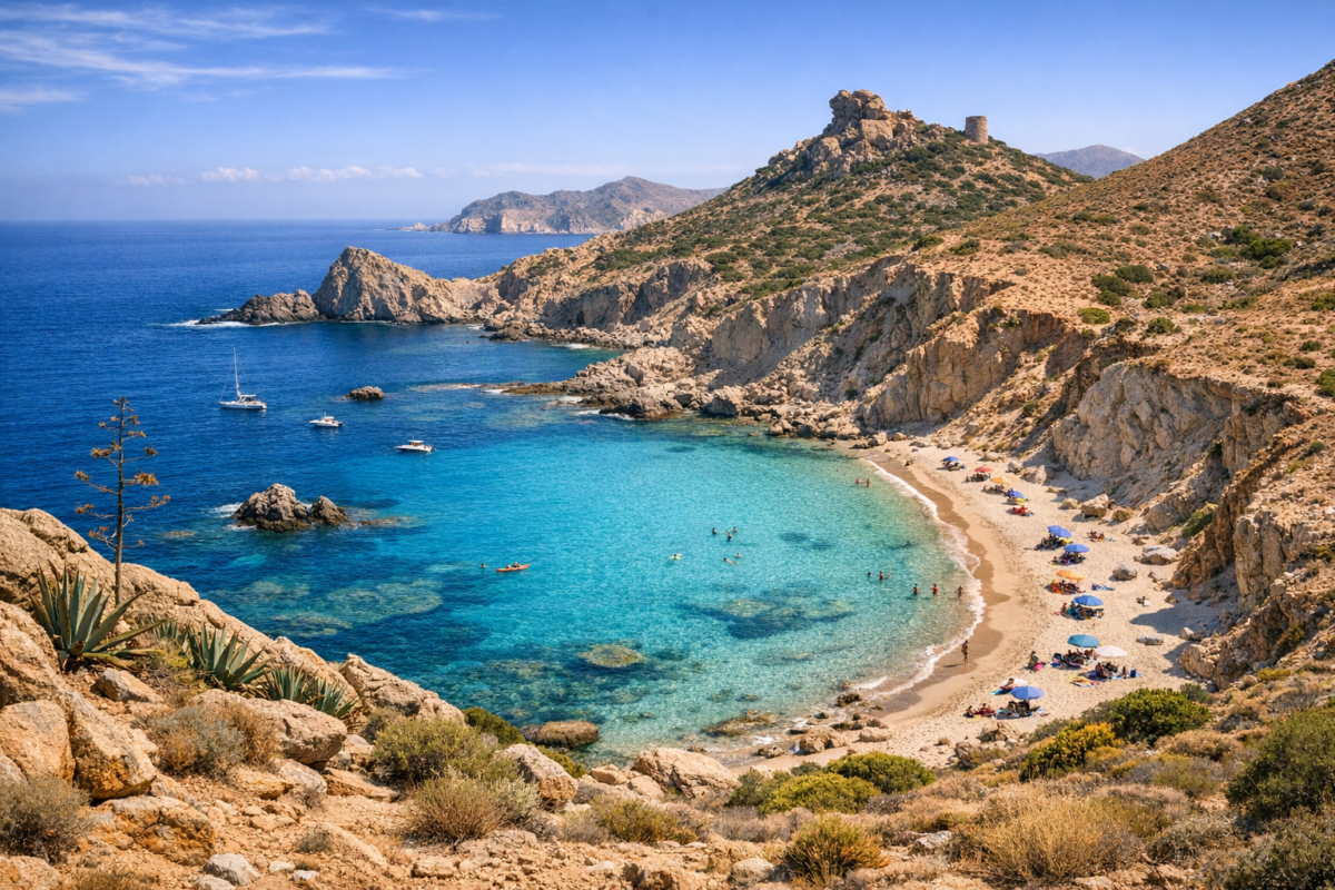 Secluded cove with clear turquoise waters and dramatic cliffs at Cabo de Gata, Andalusia, Spain.