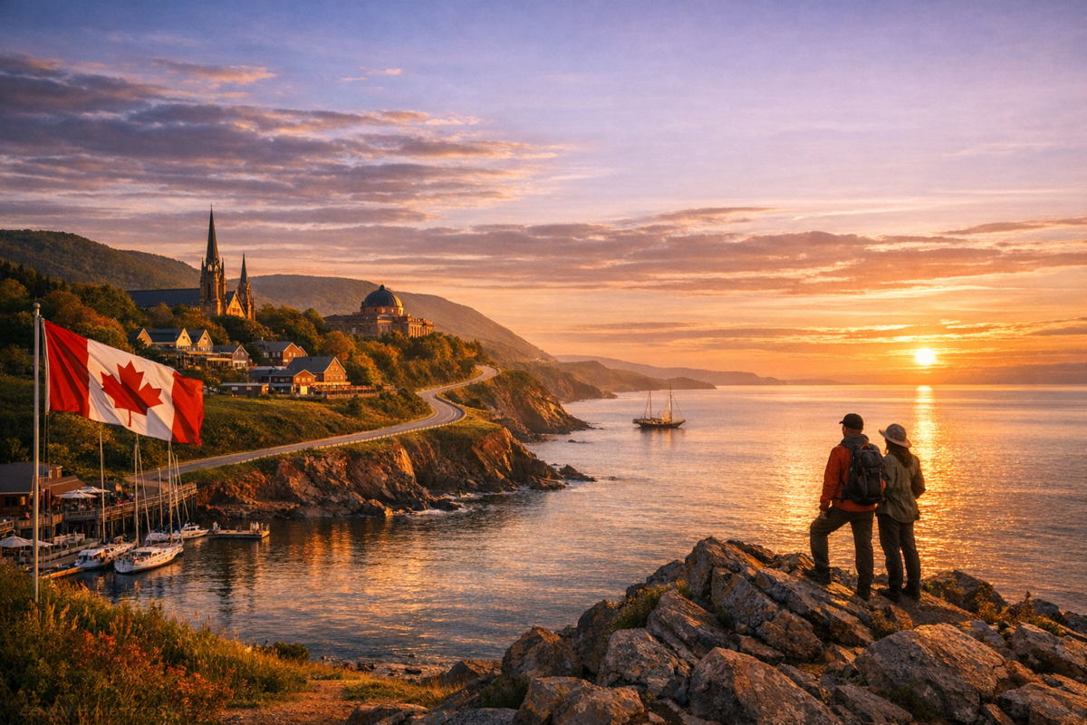 Two hikers stand atop a rocky peak overlooking Cape Breton’s winding Cabot Trail as it snakes along lush green cliffs above the ocean, glowing under a golden sunset with shimmering waters stretching to the horizon.
