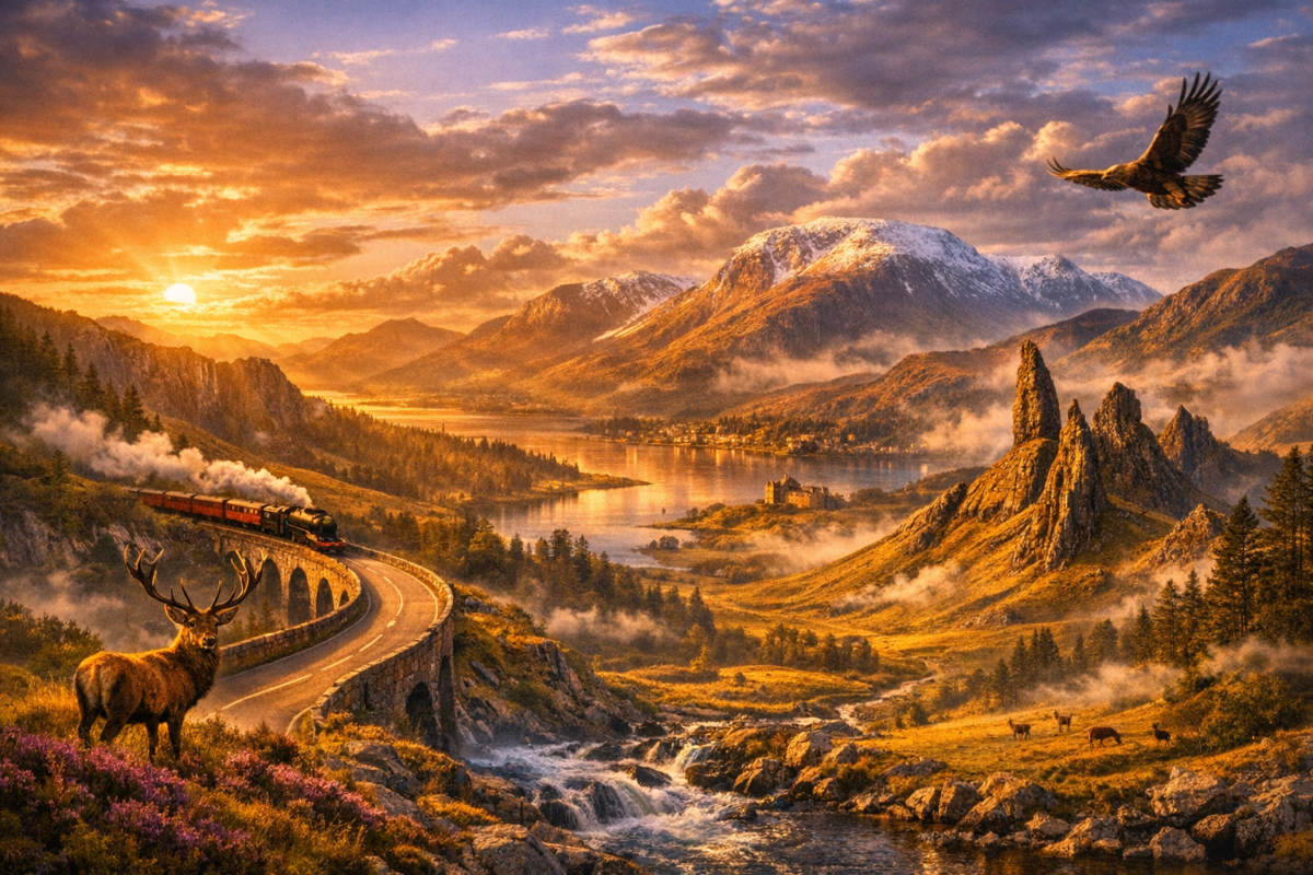  Scottish Highlands landscape featuring a red deer stag standing amid purple heather, a stone cottage beside a stream, a steam train crossing a viaduct, and snow‑capped Cairngorm Mountains glowing in golden sunset light. hidden gems Scottish Highlands.