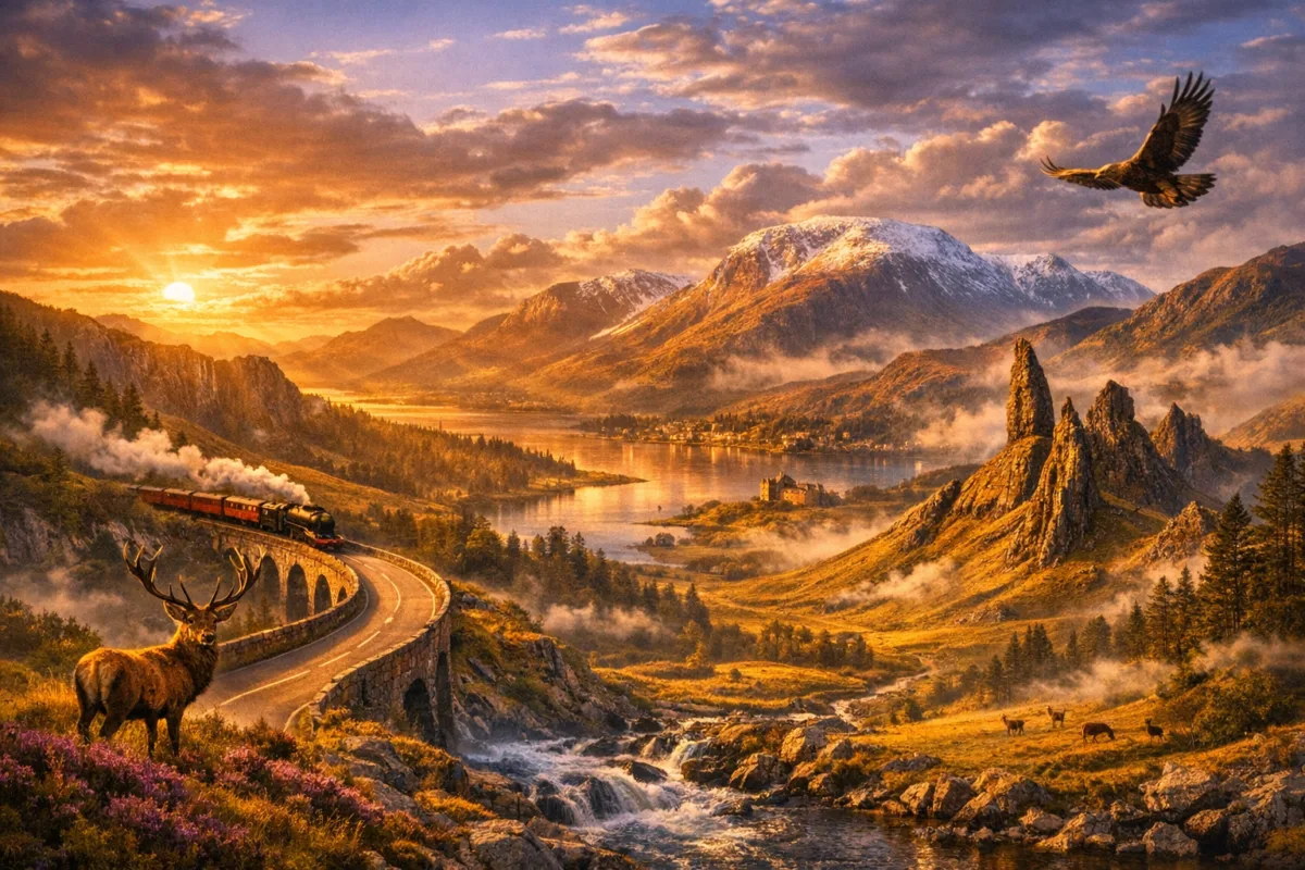 Scottish Highlands landscape featuring a red deer stag standing amid purple heather, a stone cottage beside a stream, a steam train crossing a viaduct, and snow‑capped Cairngorm Mountains glowing in golden sunset light. hidden gems Scottish Highlands.