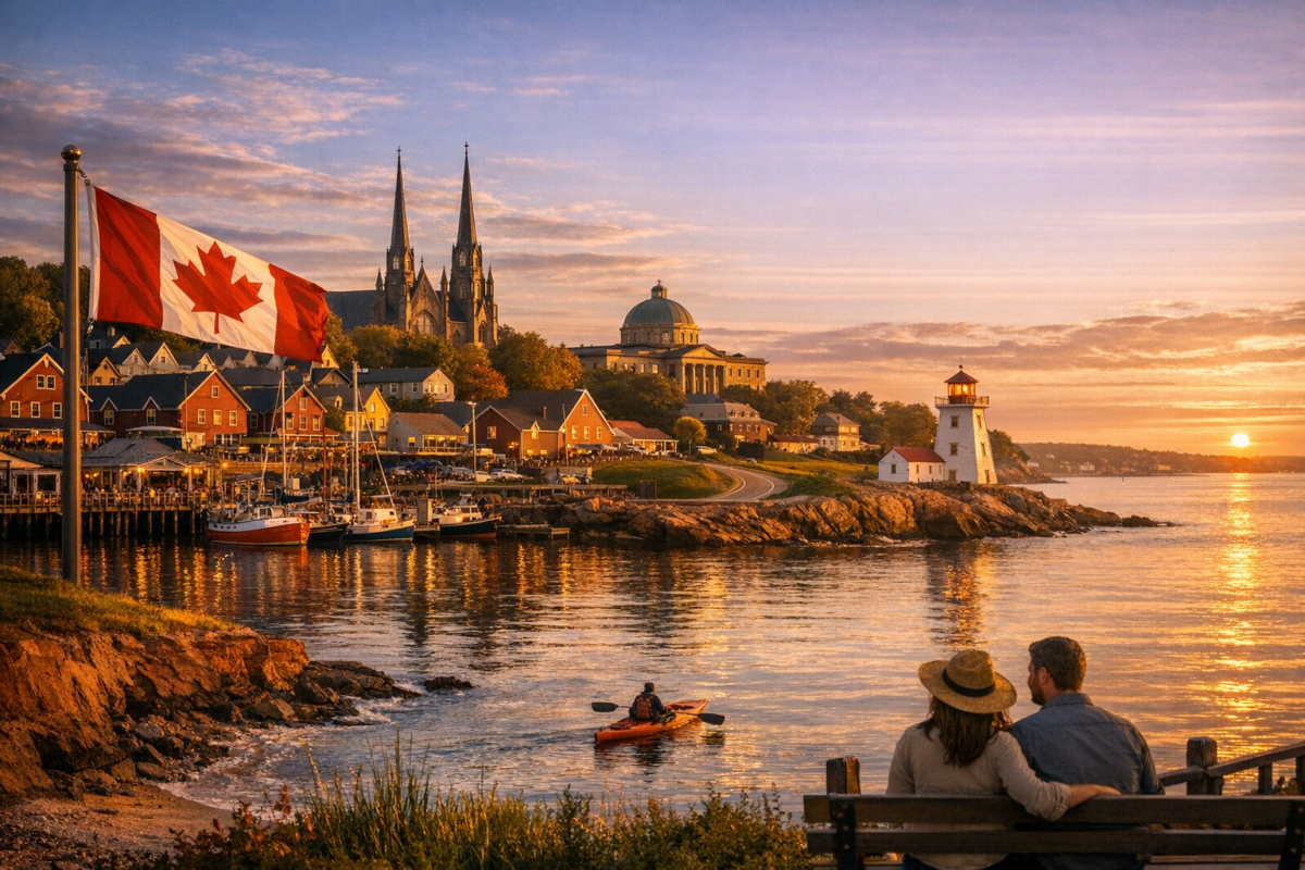 View of Charlottetown’s waterfront at golden hour with a waving Canadian flag, sailboats moored in the marina, and the historic Province House dome and church spires glowing under a warm sunset sky — capturing the birthplace of Canadian Confederation.