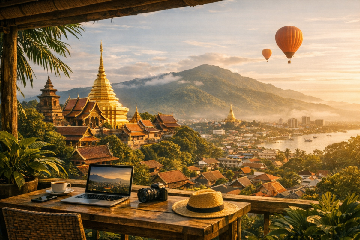 Golden temple and mountain view from Chiang Mai terrace with laptop, coffee, and warm sunset glow. digital nomad Southeast Asia.
