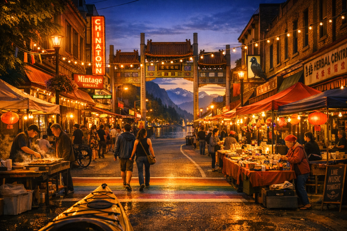  Millennium Gate framed by lantern‑lit stalls and neon signs, vendors serving food and selling trinkets as crowds wander through Vancouver’s historic Chinatown under warm evening lights.