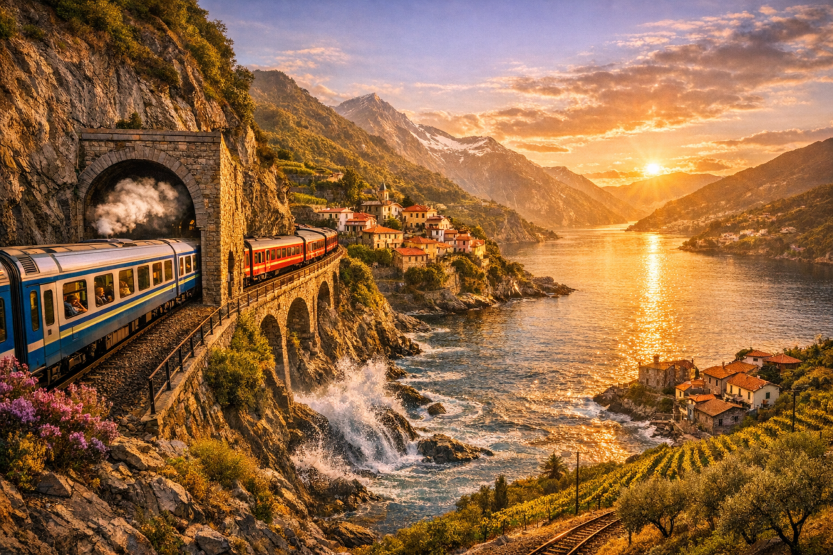  Blue and white train emerging from a stone tunnel above the Mediterranean, passing the pastel village of Manarola perched on cliffs as golden sunlight reflects on the sea.