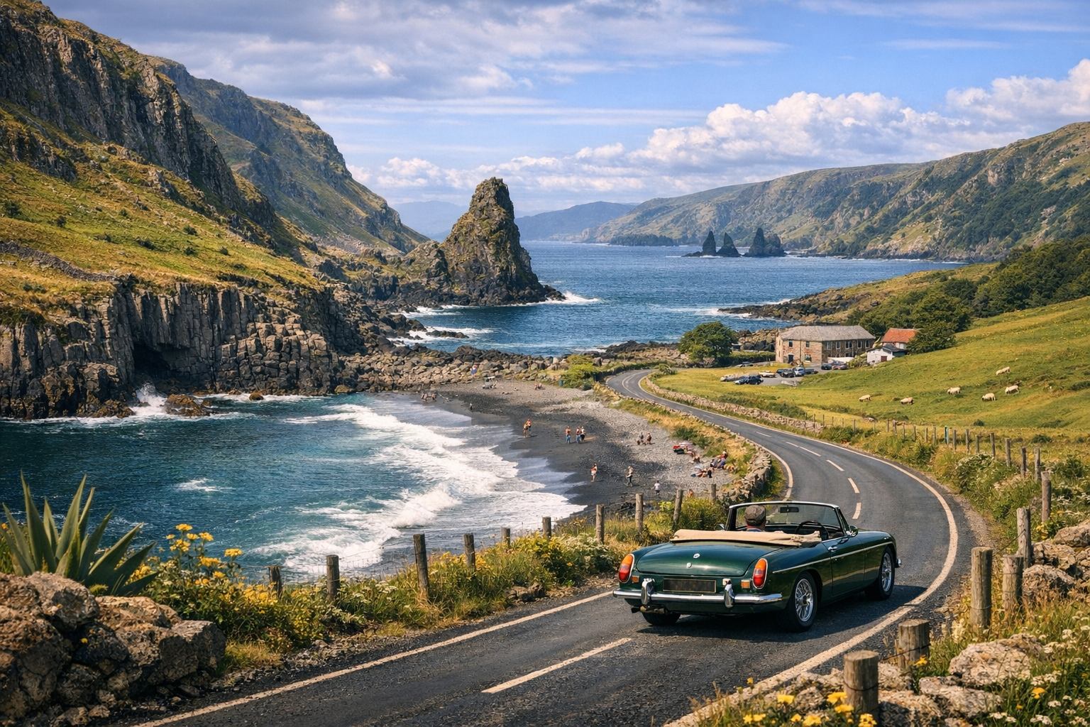 Road Trip — Vintage car cruising along a winding road through the green hills of the British countryside.