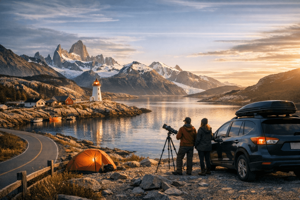 Travelers parked along a winding coastal road overlooking Peggy’s Cove Lighthouse at golden hour, with calm ocean waters, fishing boats, and a glowing horizon capturing the charm of Canada’s Maritime Provinces.