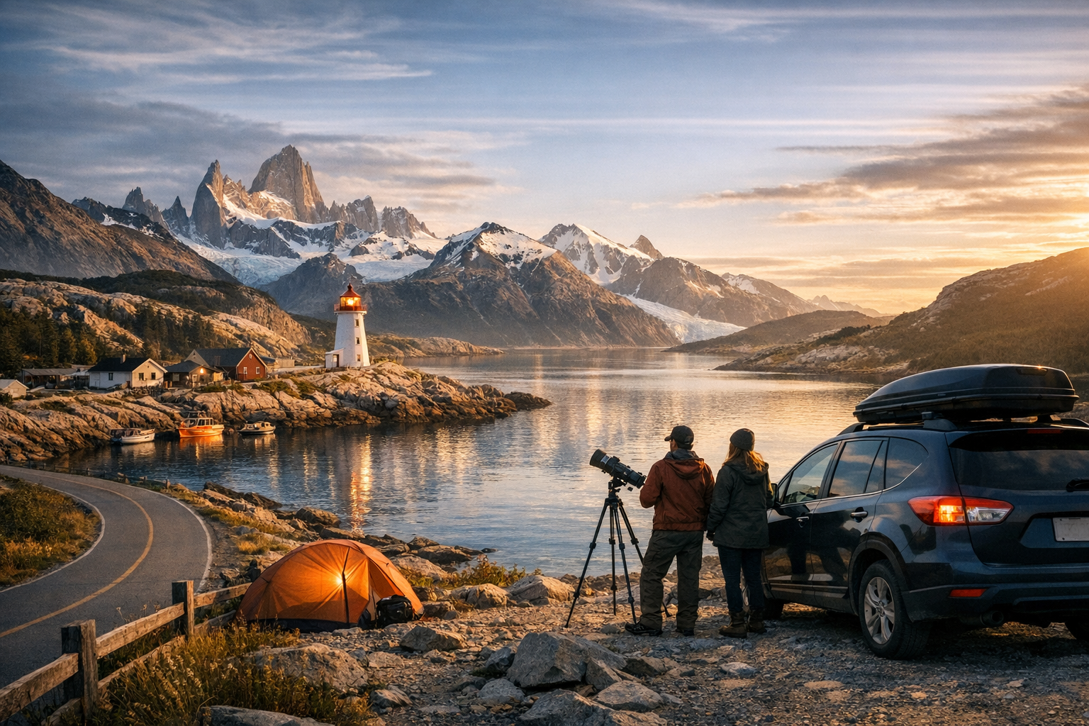 Travelers parked along a winding coastal road overlooking Peggy’s Cove Lighthouse at golden hour, with calm ocean waters, fishing boats, and a glowing horizon capturing the charm of Canada’s Maritime Provinces.
